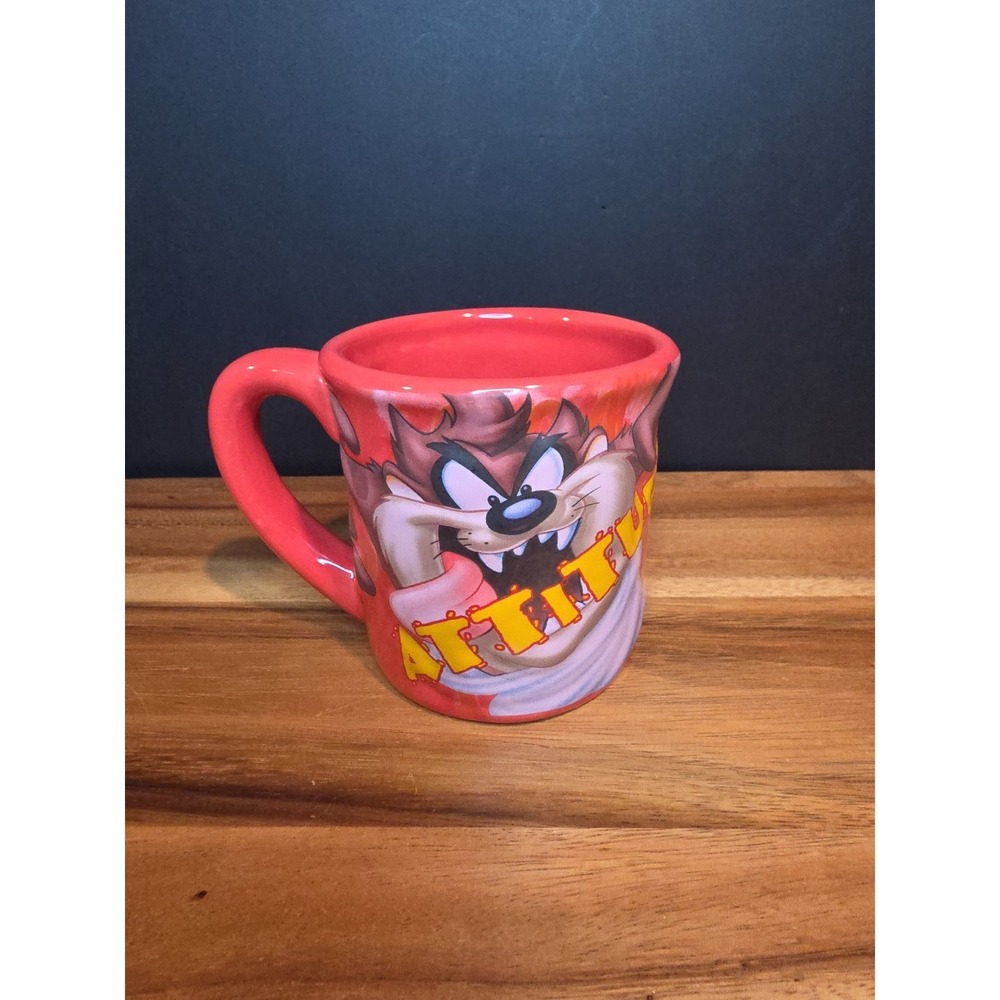 Vtg Houston Harvest TAZMANIAN devil 99% Attitude Red Ceramic Coffee Mug 3D